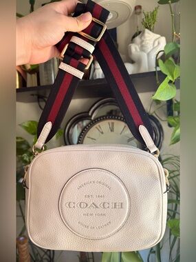 Coach C2828 Cream Pebble Leather Crossbody with Black and Burgundy Striped Strap